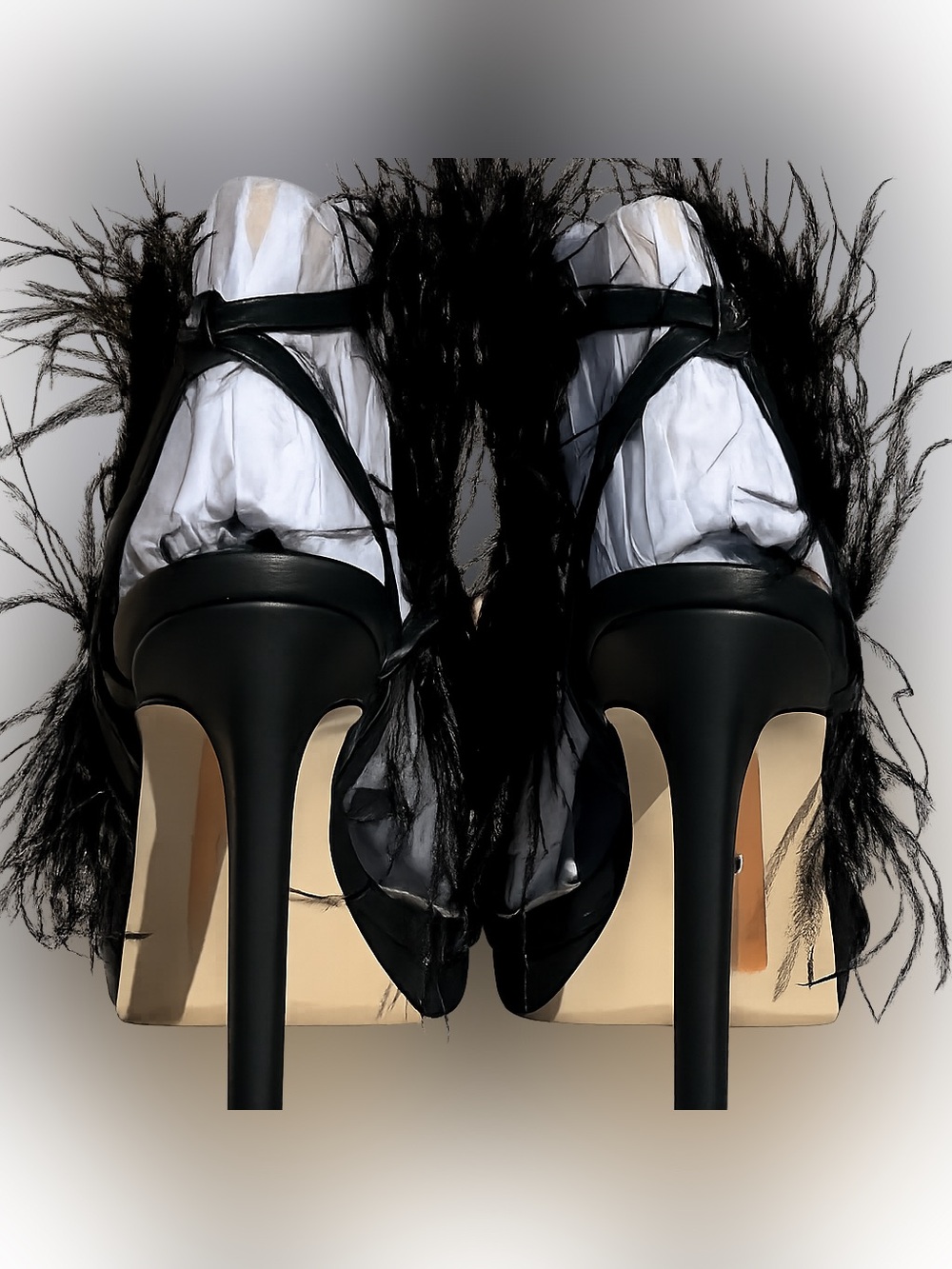 Sam Edelman Jacinta Black Feathered Ankle-Strap Stiletto Glam Luxe Goth Edgy Sz5 - Picture 6 of 10